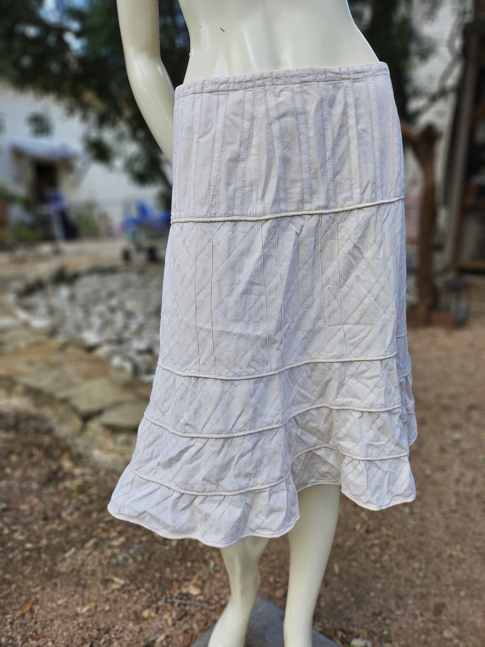 Vintage Polo Jeans Ralph Lauren Floral Eyelet Cream Cotton Tiered Midi Skirt 6
